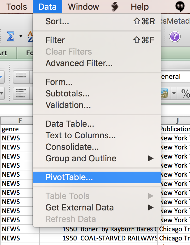 Pivot table menu item